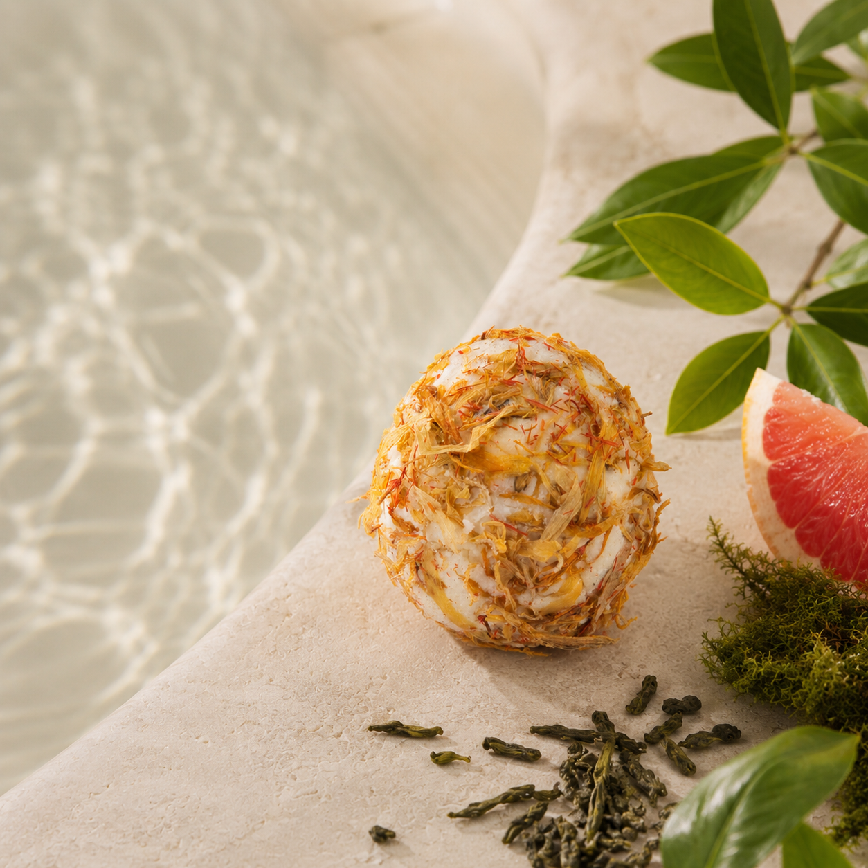 A round bath bomb made from dried citrus peel and herbs sits on a light stone surface beside a clear pool of water, with green leaves, moss, loose herbs, and a grapefruit slice nearby.