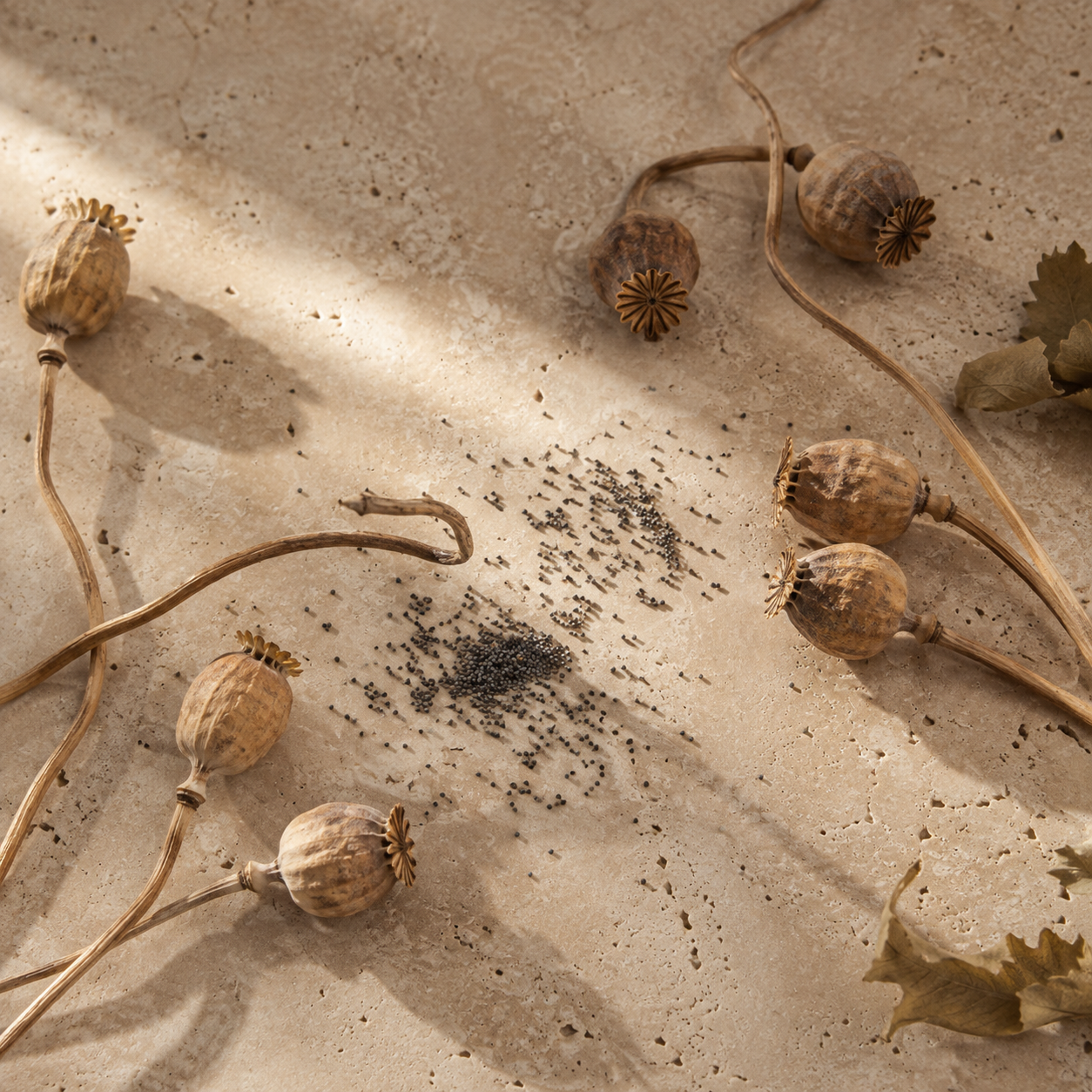 Dried poppy pods and a small pile of dark seeds arranged on a textured beige stone surface with natural shadows.