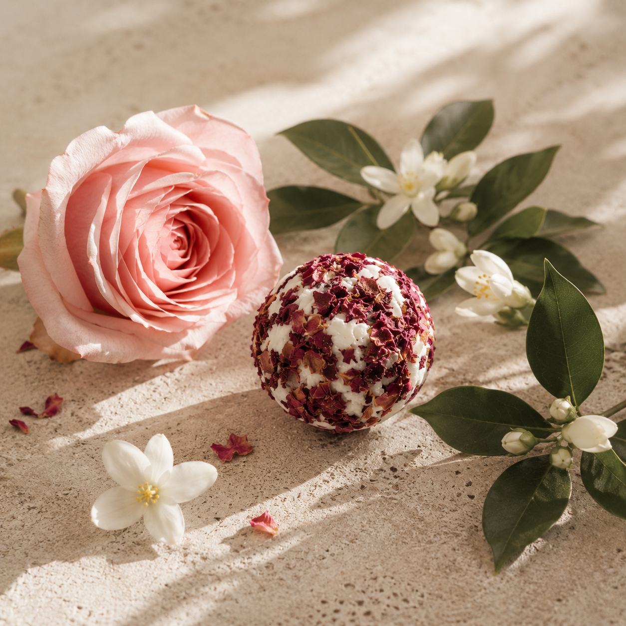 A spherical bath bomb or soap bar covered in dried red flowers sits on a textured beige surface next to a large pink rose, white blossoms, and green leaves in soft natural shadows.