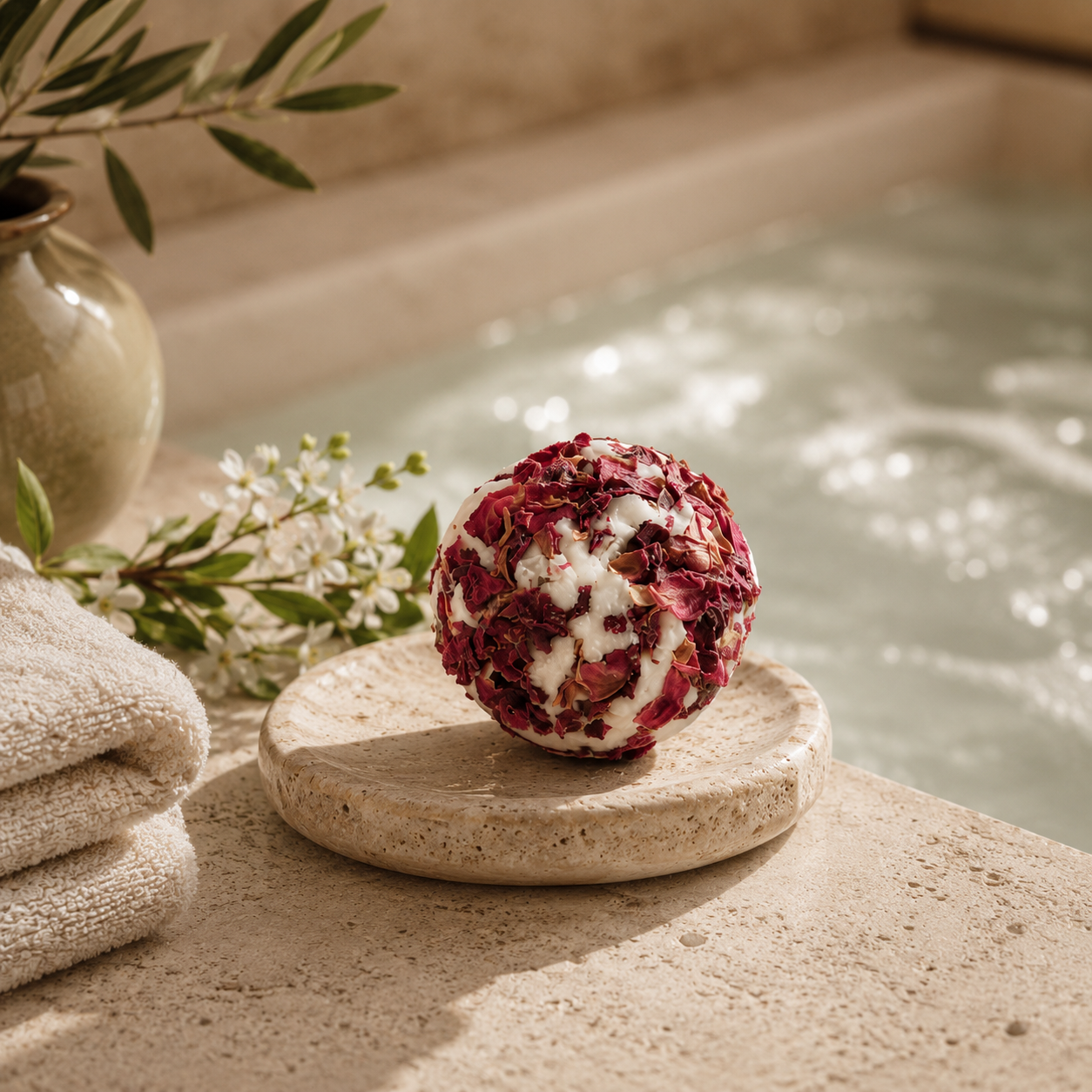 A spherical bath bomb made of dried red roses and white wax sits on a round stone dish beside a folded towel, with a spa pool in the background.