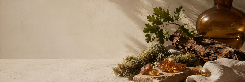 A styled still life scene with amber glass bottles, dried greenery, a piece of wood, and amber-colored stones on a textured beige surface against a warm cream background.