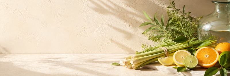 A styled still life of fresh ingredients on a light stone surface against a textured beige wall, with dappled sunlight casting shadows. Visible items include a clear glass bottle, green herbs, lemongrass, sliced lime, orange halves, and whole oranges.