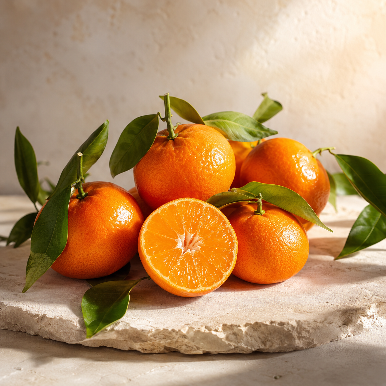 A cluster of bright orange mandarins or clementines with green leaves, including one whole fruit and one sliced open to show the juicy orange interior, arranged on a light stone slab against a softly lit beige background.