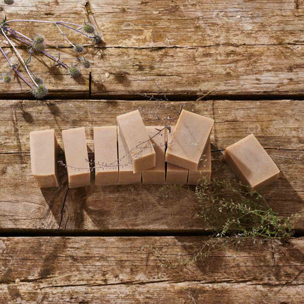 Several rectangular bars of natural beige soap arranged on a rustic wooden surface, with dried botanical sprigs placed around them.