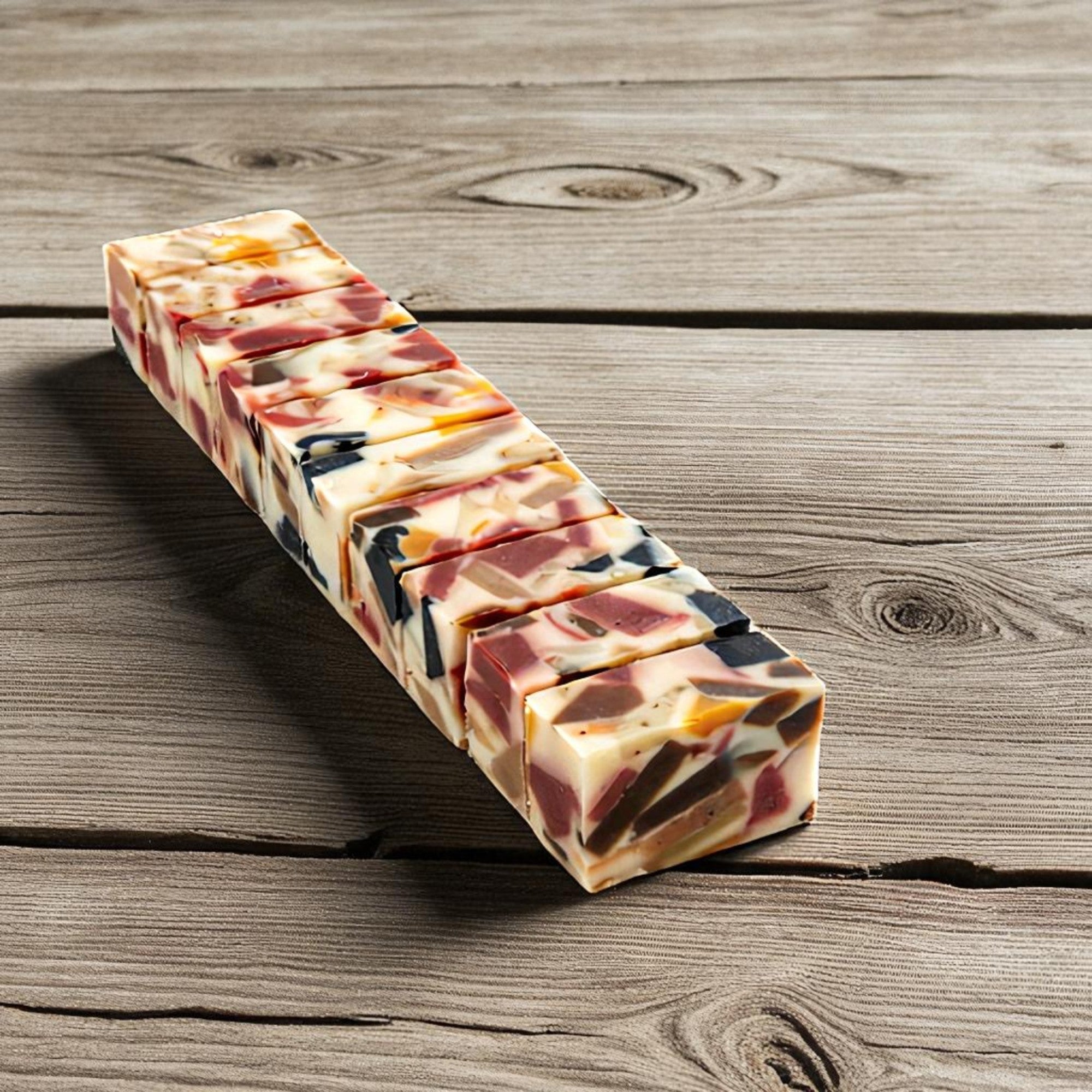 A rectangular bar of artisanal soap with a marbled pattern of cream, pink, orange, and black, sliced into small square pieces and arranged diagonally on a rustic wooden surface.
